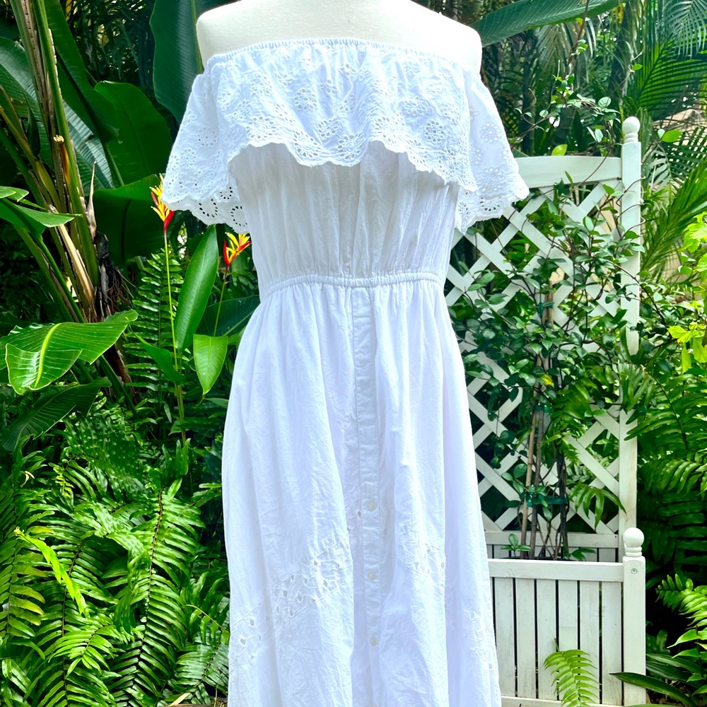 Maxi Dress 100% cotton eyelet ruffle off the shoulder